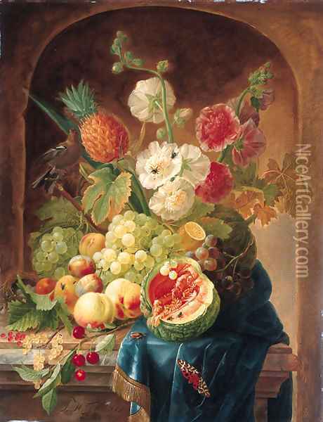 Melons, grapes, a lemon, peaches, plums, cherries, white currants, gooseberries, a bird's nest, a pineapple and hollyhocks on a draped marble ledge Oil Painting - Johannes Hendrick Fredriks