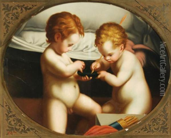 Two Putti Sharpening Arrows Oil Painting - Correggio, (Antonio Allegri)