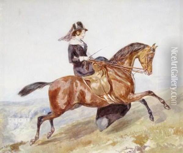 A Lady Riding Side Saddle, A Country House Beyond Oil Painting - John Frederick Tayler