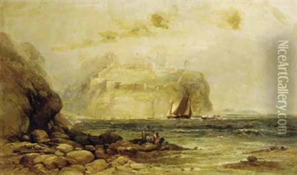A Coastal View With Figures On The Rocks In The Foreground And A Castle Beyond Oil Painting - Andrew Melrose