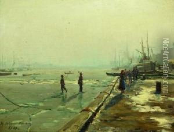 Im Winterlich Zugefrorenem Hafen Oil Painting - Heinrich Petersen-Flensburg