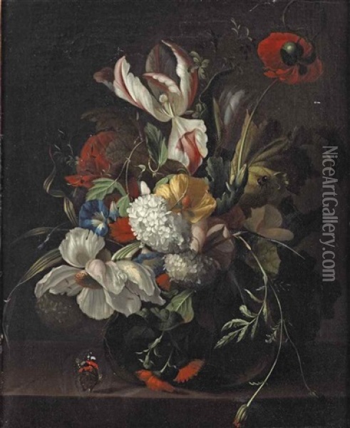 Iceland Poppies, A Tulip, Guelder Rose, Morning Glory And Gerbera In A Glass Vase, With A Butterfly On A Stone Ledge Oil Painting - Rachel Ruysch