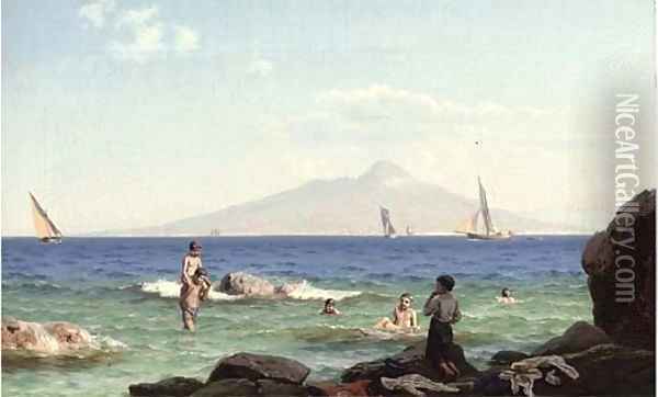 Boys playing in the shallows before Vesuvius Oil Painting - J.E. Carl Rasmussen