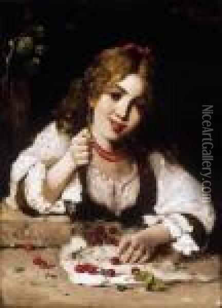 Girl With Cherries Oil Painting - Lajos Bruck