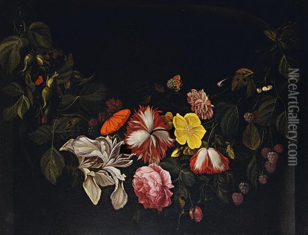 Blumenfeston Mit Haselnussen Und Himbeeren, Schmetterling Und Libelle Oil Painting - Regnier de La Haye