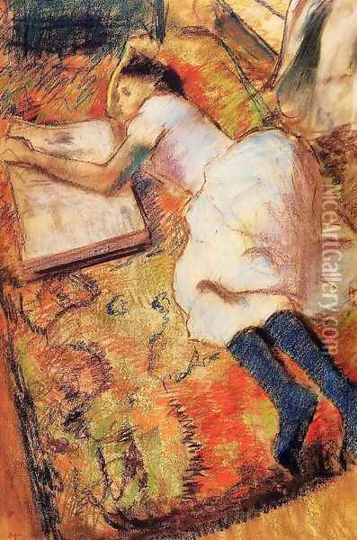 Young Girl Reading on the Floor Oil Painting - Edgar Degas