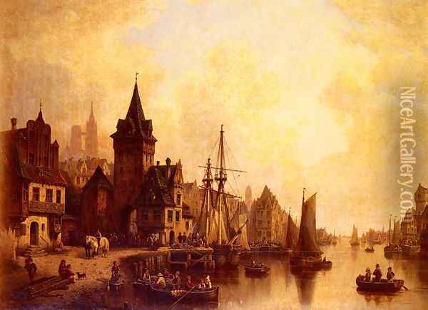 A Busy Port Oil Painting - Hermann Meyerheim