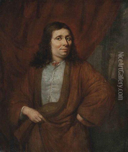 Portrait Of A Man, Half-length, In A Brown Coat And White Waistcoat With A Pink Bow, Before A Draped Curtain, A Park Landscape Beyond Oil Painting - Nicolaes Maes