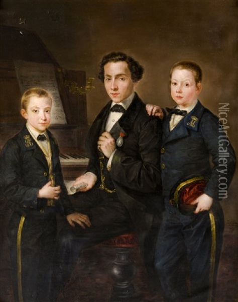 Retrato De Tres Jovenes Oil Painting - Jose Gutierrez de la Vega