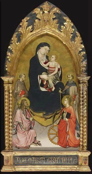 Madonna And Child With Saints John The Baptist, Francis Of Assisi, Anthony Abbot And Catherine Of Alexandria Oil Painting - di Nardo Mariotto