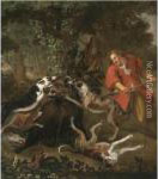 A Huntsmen And Dogs Attacking A Wild Boar Oil Painting - Frans Snyders