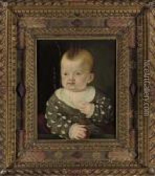 Portrait Of A Boy, Seated Bust-length, In A Grey Coat, Holding A Ball Oil Painting - Agnolo Bronzino