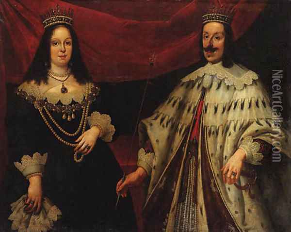 Portrait of Ferdinand II Grand Duke of Tuscany (1610-1670) and Victoria della Rovere (1622-1694), three-quarter-length, in ceremonial robes Oil Painting - Justus Sustermans
