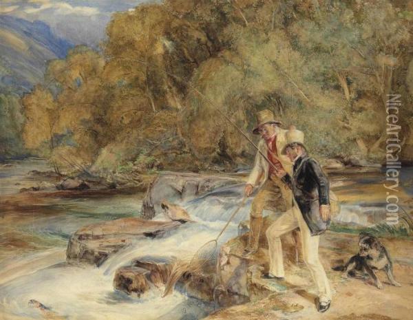 Sir Edwin Landseer, R.a. With A Keeper Fishing For Salmon Oil Painting - John Frederick Lewis