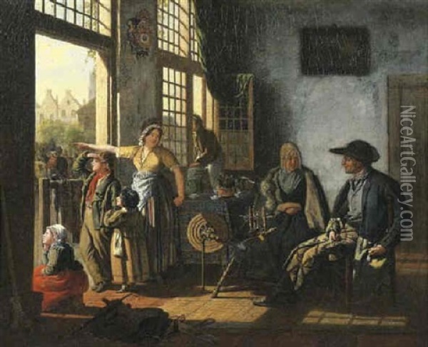 A Woman And Her Children In An Interior By An Open Door, An Old Couple By A Spinning Wheel Seated Nearby, Townsfolk Beyond Oil Painting - Cornelis van Cuylenburg