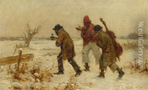 Musicians In The Snow Oil Painting - Franciszek Streitt