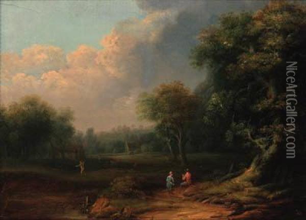 A Wooded Landscape With Travellers Resting On A Track By Atree Oil Painting - Norbert Joseph Carl Grund