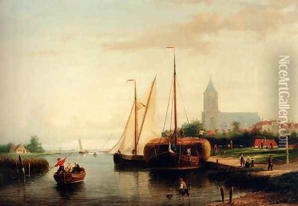 A Moored Haybarge And Other Shipping By A Bleach-field, In The Harbour Of Manninckendam Oil Painting - Johannes Frederik Hulk, Snr.