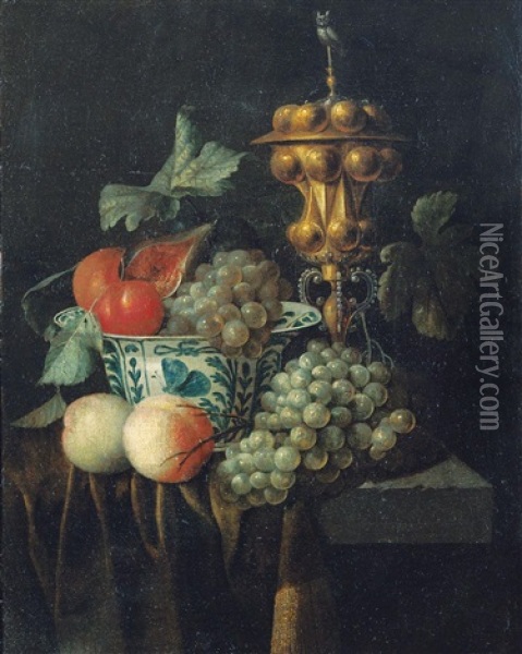 Fruchtestilleben Mit Einer Wan-li-schale Und Einem Vergoldeten Buckelpokal Oil Painting - Johannes Hannot