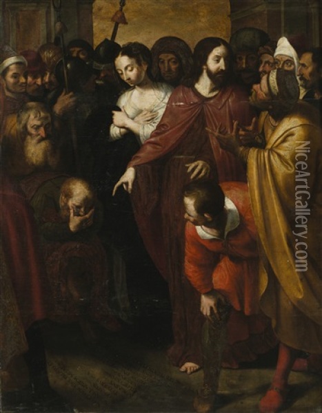 Christ And The Adulterous Woman Oil Painting - Otto Octavius van Veen