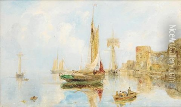 Local Craft Becalmed Off The Quays At Caernarvon, The Walls Of The Castle Beyond Oil Painting - William Joseph J. C. Bond