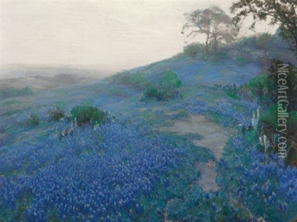 Blue Bonnet Field, Early Morning, San Antonio Texas Oil Painting - Julian Onderdonk