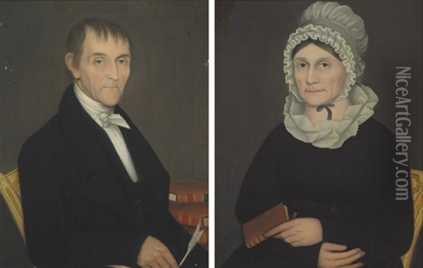 Portrait Of Mr. William Shuneman (+ Portrait Of Mrs. Eliza Demyer Shuneman; Pair) Oil Painting - Ammi Phillips