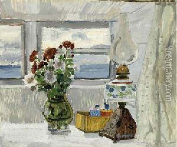 Flowers And Lamp In A Cornish Window Oil Painting - Christopher Wood