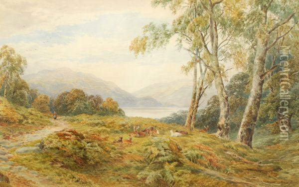 Deer Resting In A Loch Landscape Oil Painting - Alfred Powell