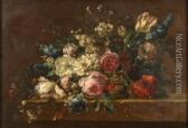 Manner Of Jean-baptiste Monnoyer, A Still Life With Flowers In A Basket On A Stone Ledge Oil Painting - Jean-Baptiste Monnoyer