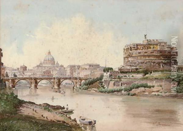 Castel Sant' Angelo And The Ponte Sant' Angelo, Rome Oil Painting - Stefano Donadoni