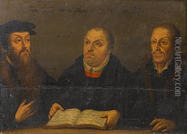 Portrait Of Martin Luther, Half-length, Holding A Book With Two Other Gentlemen In Black Costume Oil Painting - Lucas Cranach the Elder