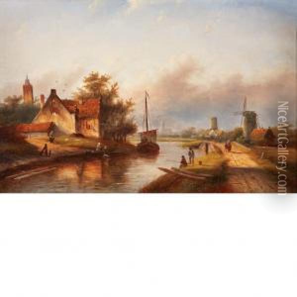 Along A Dutch Canal Oil Painting - Jan Jacob Coenraad Spohler