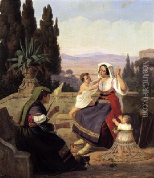 Romersk Familieidyl Med Mor Og To Smaborn Pa Besog Hos Bedstemoder Oil Painting - Peter (Johann P.) Raadsig