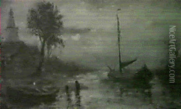 Fishing Boats At Twilight Oil Painting - Johan Barthold Jongkind