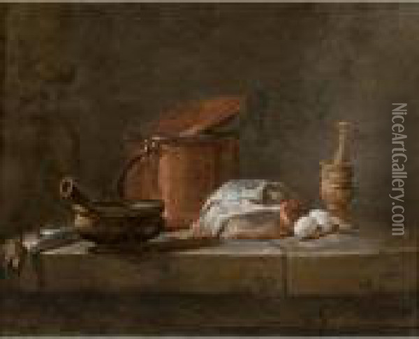 Still Life With Leeks,a Casserole And A Cloth Oil Painting - Jean-Baptiste-Simeon Chardin