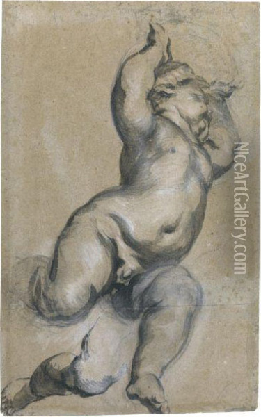 Study Of A Putto, His Arms Raised Oil Painting - Francois Duquesnoy