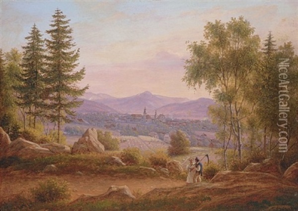Bad Warmbrunn Vom Scholzenberg Aus Oil Painting - Johann Wilhelm Bruecke