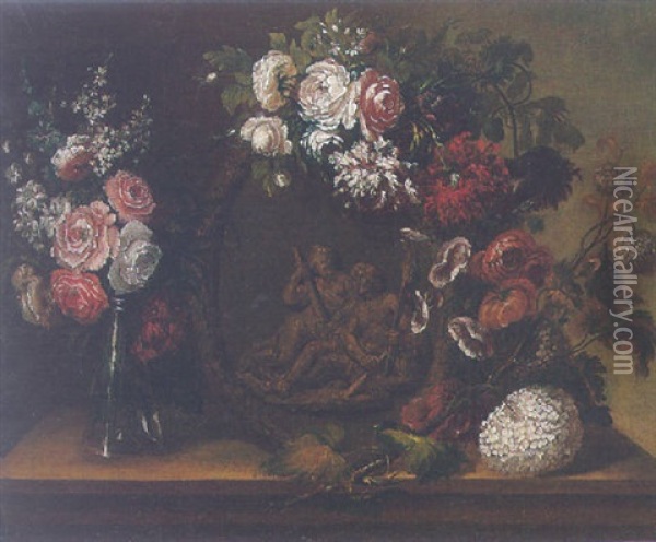 Still Life Of Roses, Carnations, Delphiniums And Other Flowers Surrounding A Terracotta Sculpture Of Hercules And Omphale Oil Painting - Pieter Casteels III