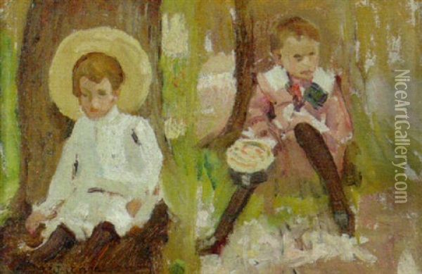 Children Resting In The Shade Of A Tree Oil Painting - Harry Mills Walcott