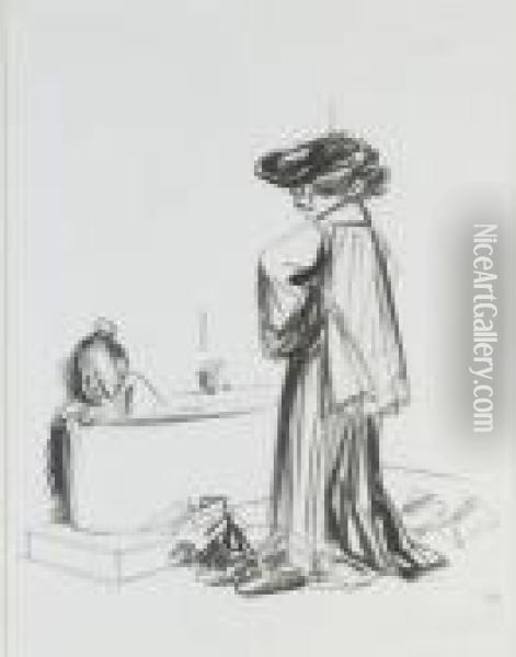 Une Femme Regardant Une Fillette
 Dans Son Bain (recto); Etudepour La Meme Composition (verso) Oil Painting - Jean-Louis Forain