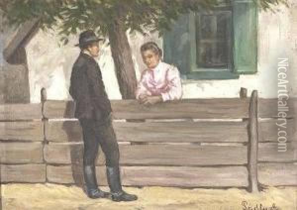 Man And Woman Chatting By A Fence Oil Painting - Aladar Padly