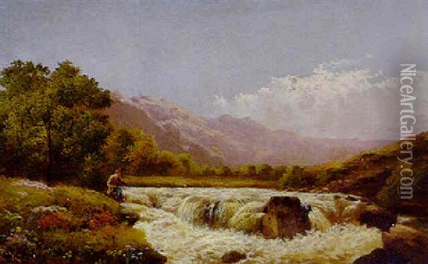 An Angler Fishing At A Weir Oil Painting - Francis Sydney Muschamp