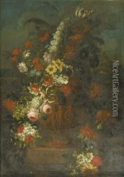 Roses, Tulips, Carnations And 
Other Flowers In A Sculpted Vase Decorated With Putti On A Stone Ledge 
In A Landscape - A Chimney Piece Oil Painting - Pieter Hardime