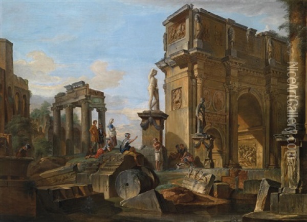 Capriccio Mit Romischen Ruinen Und Dem Konstantinsbogen Oil Painting - Giovanni Paolo Panini