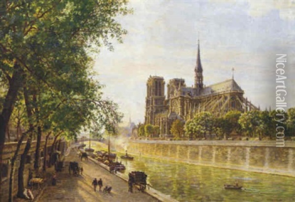L'ile De La Cite And The Cathedral Of Notre Dame, Paris As Seen From Quai Montebello Oil Painting - Marie Francois Firmin-Girard