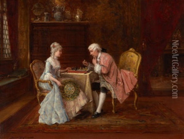 The Chess Game Oil Painting - Lajos Bruck
