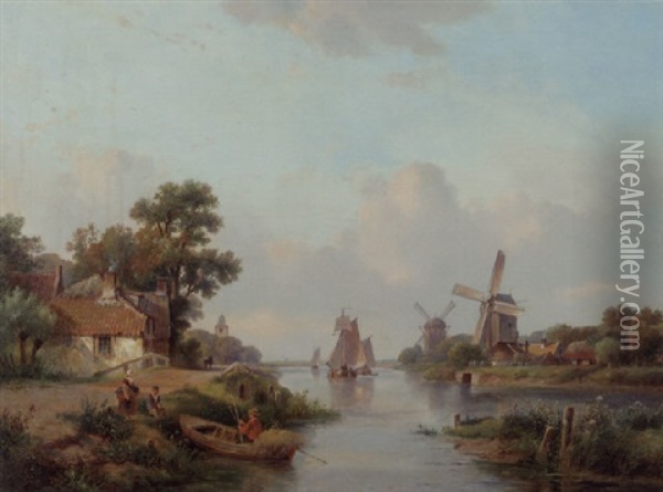 An Extensive River Landscape With Windmills And Sailingvessels Oil Painting - Lodewijk Johannes Kleijn