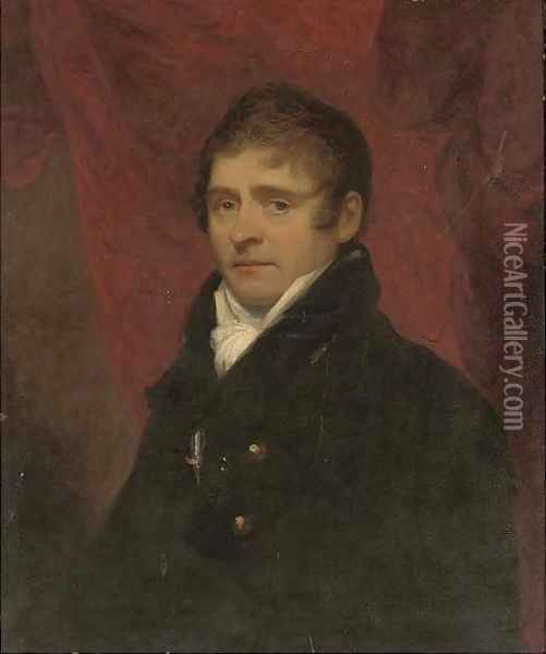 Portrait of Archibald Little of Shabden Park, Surrey, bust-length, in a black coat before a red curtain Oil Painting - Howard, H.