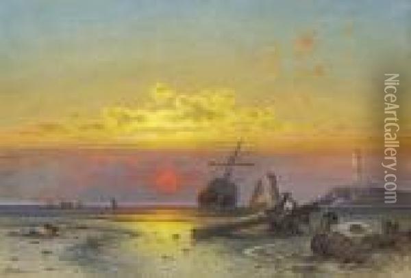 Beached Vessels At Dusk Oil Painting - Emil Rieck